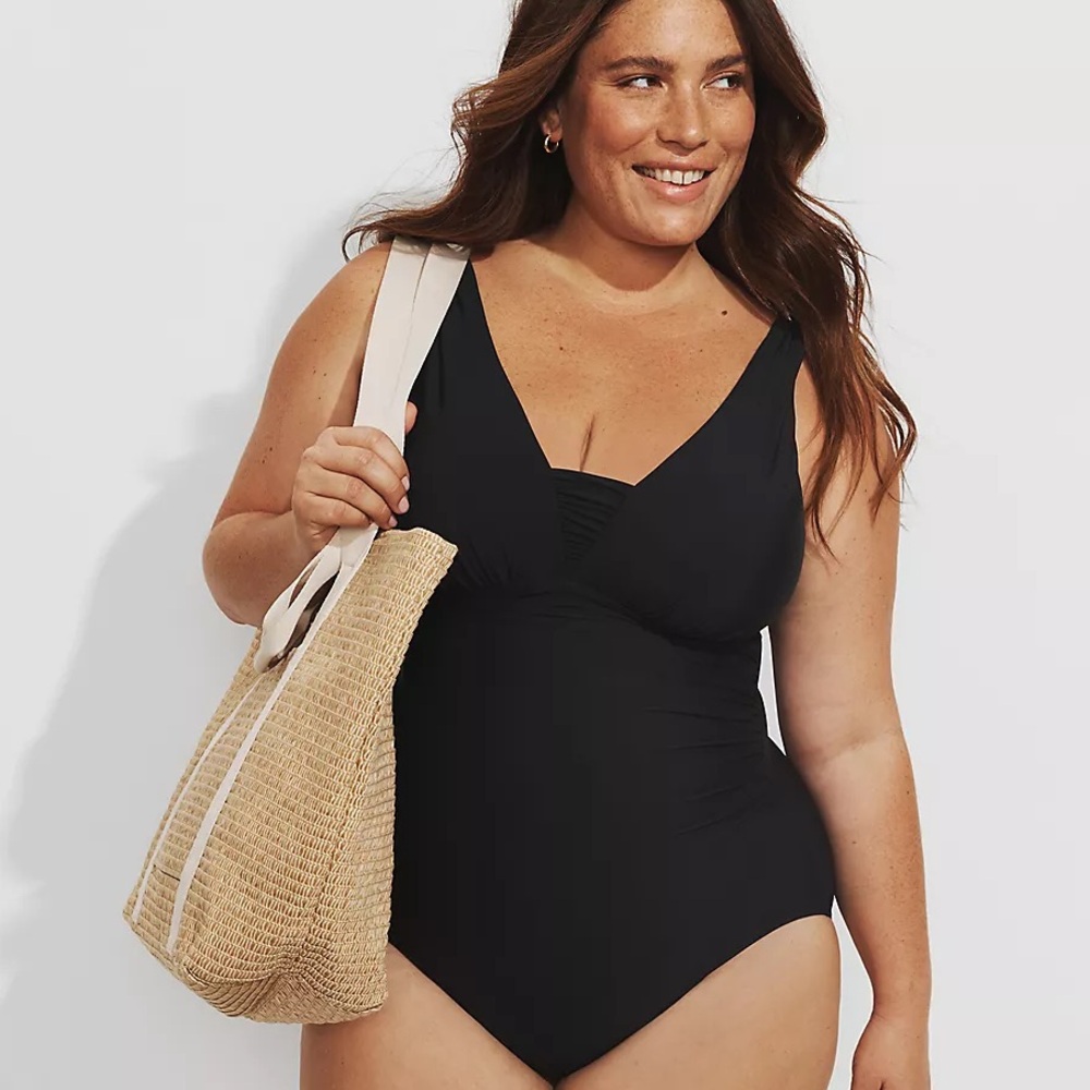 Lands’ End Slendersuit Grecian V-Neck Tummy Control One Piece